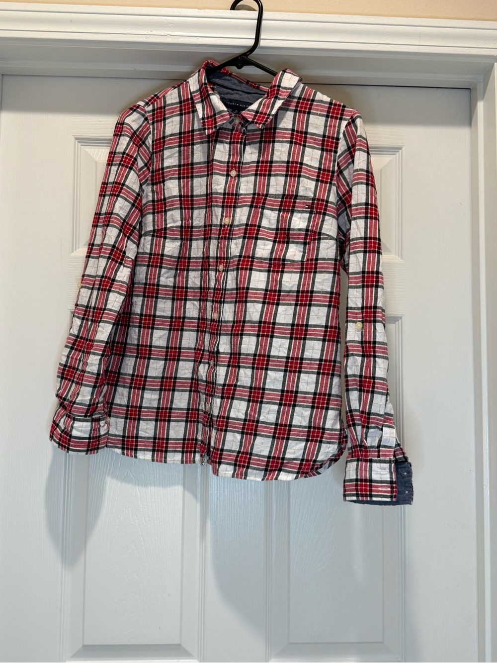 Tommy Hilfiger Women's Size Medium Red and White and Gold Plaid Button-Up Shirt
